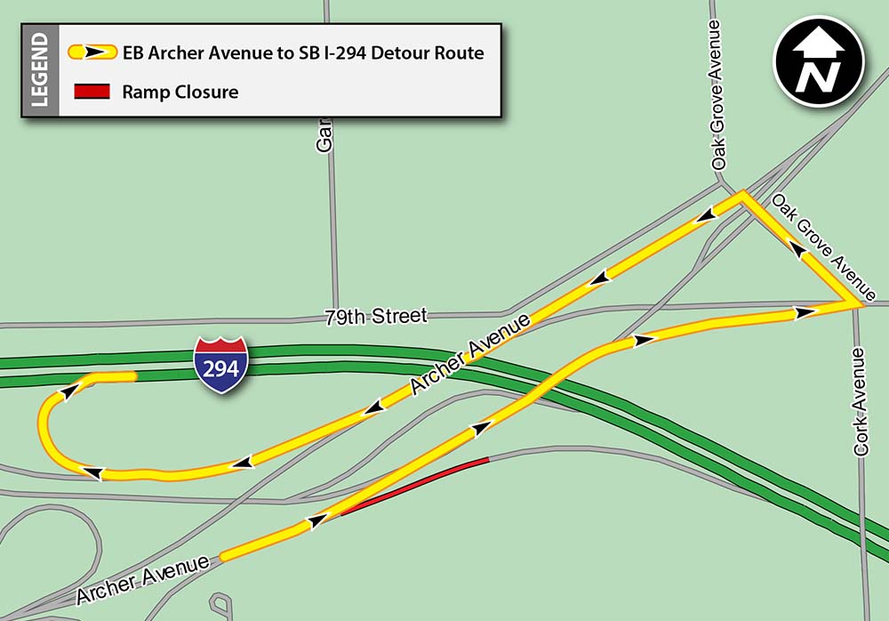 EB Archer Avenue to SB I-294 Ramp Closure Detour Map