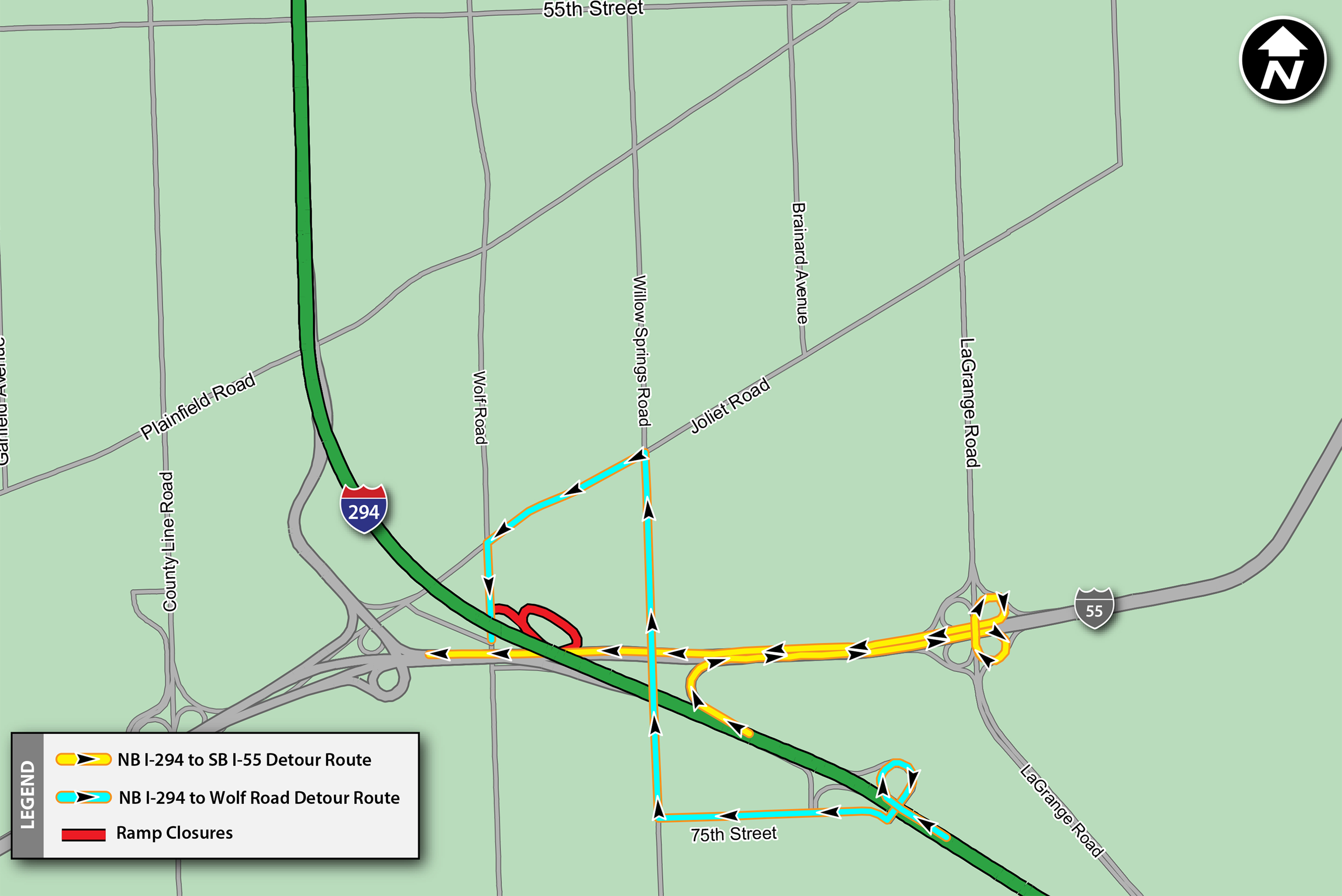 NB I-294 to SB I-55 and Wolf Road Detour