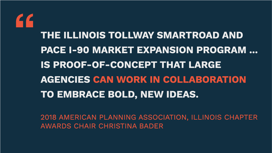 "The Illinois Tollway SmartRoad and Pace I-90 Market Expansion Program ... is proof-of-concept that large agencies can work in collaboration to embrace bold, new ideas." - 2018 American Planning Association, Illinois Chapter, Awards Chair Christian Bader